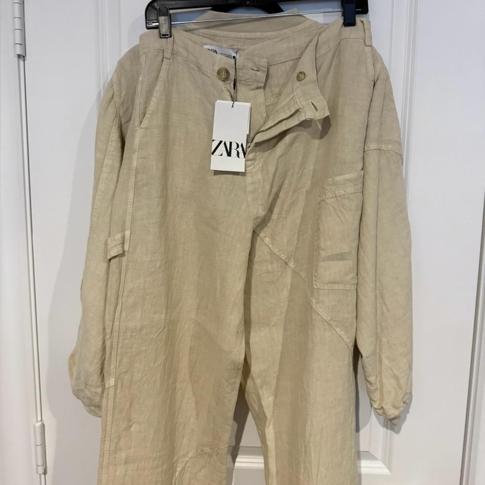 NWT ZARA Beige Linen Stylish Crossover Cargo Pant. Size Medium. - Picture 13 of 16